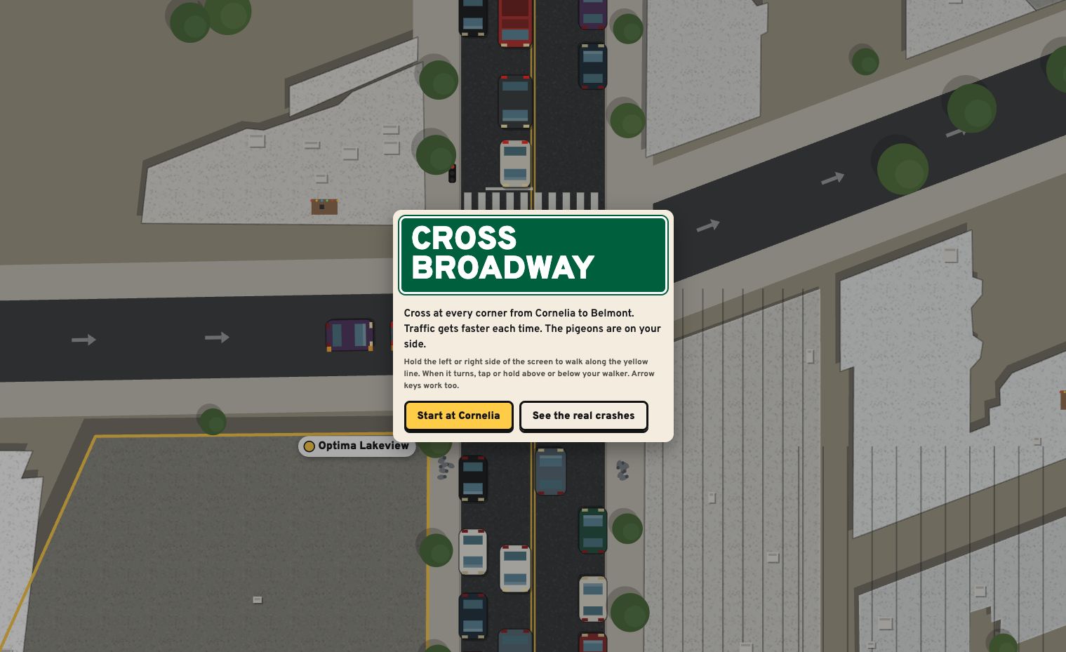 Cross Broadway game showing traffic moving through Lakeview streets
